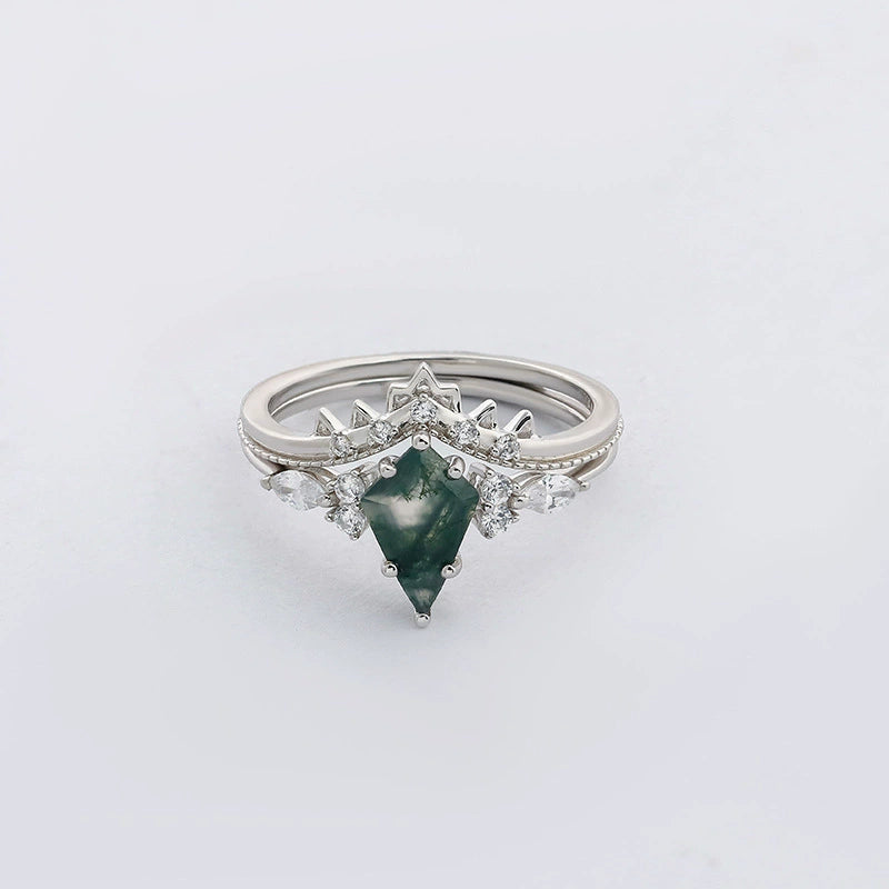 Moss Agate Crown Ring Set