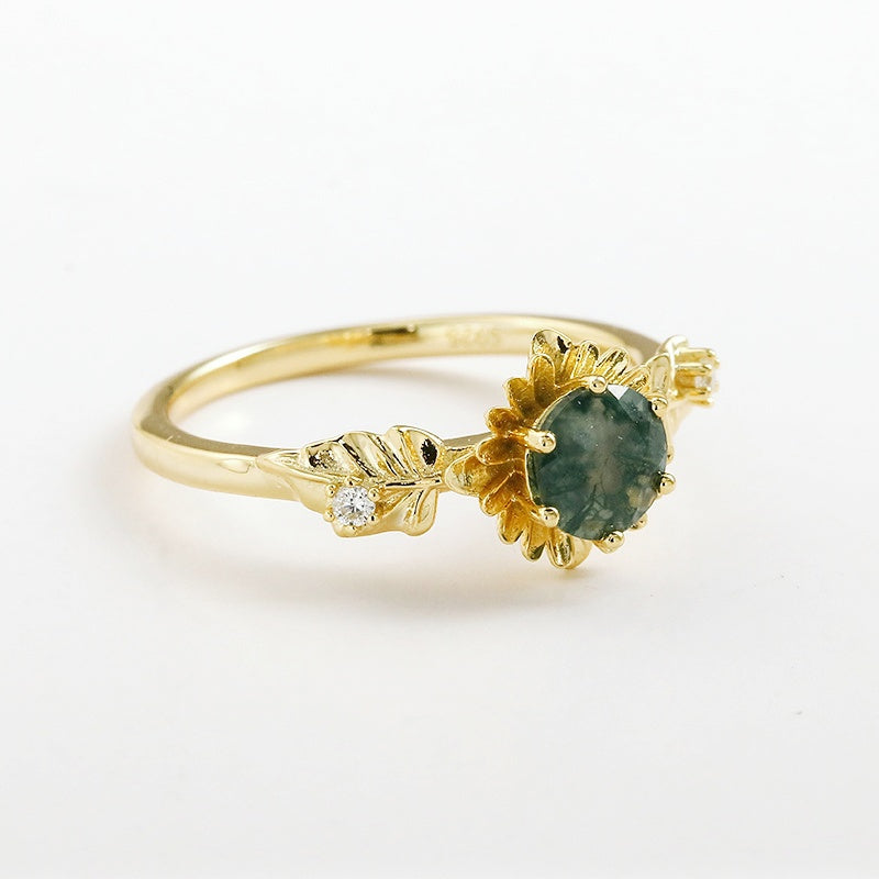 Sunflower Bloom Round Cut Moss Agate Ring