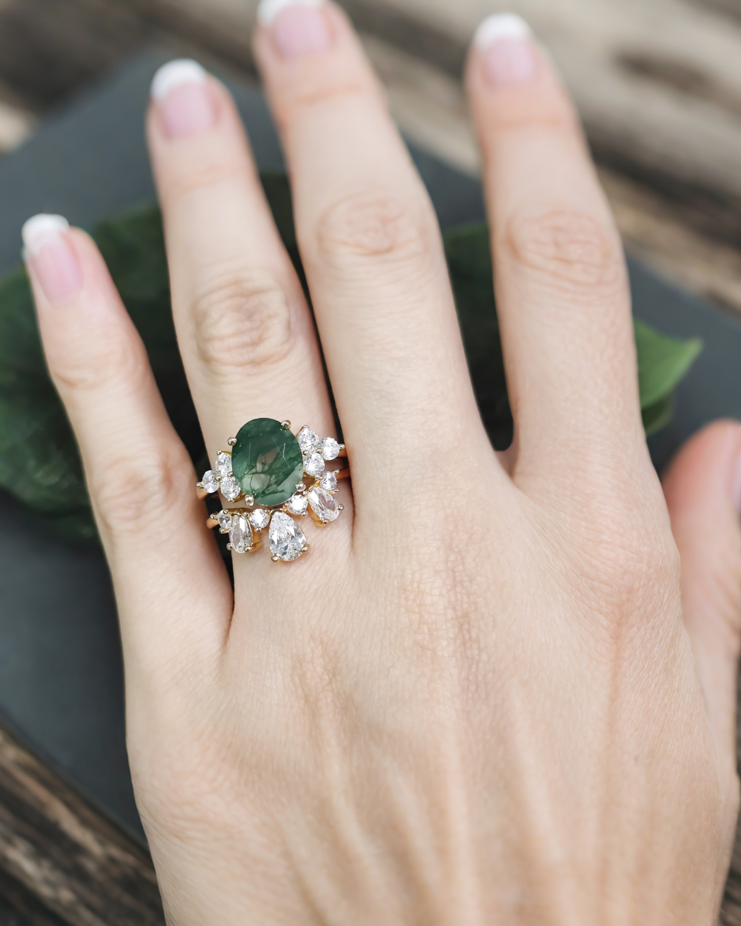 Regal Bloom Moss Agate Ring Set