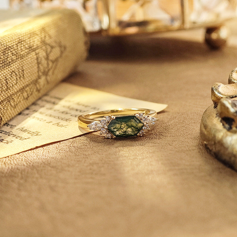Verdant Hex Moss Agate Ring
