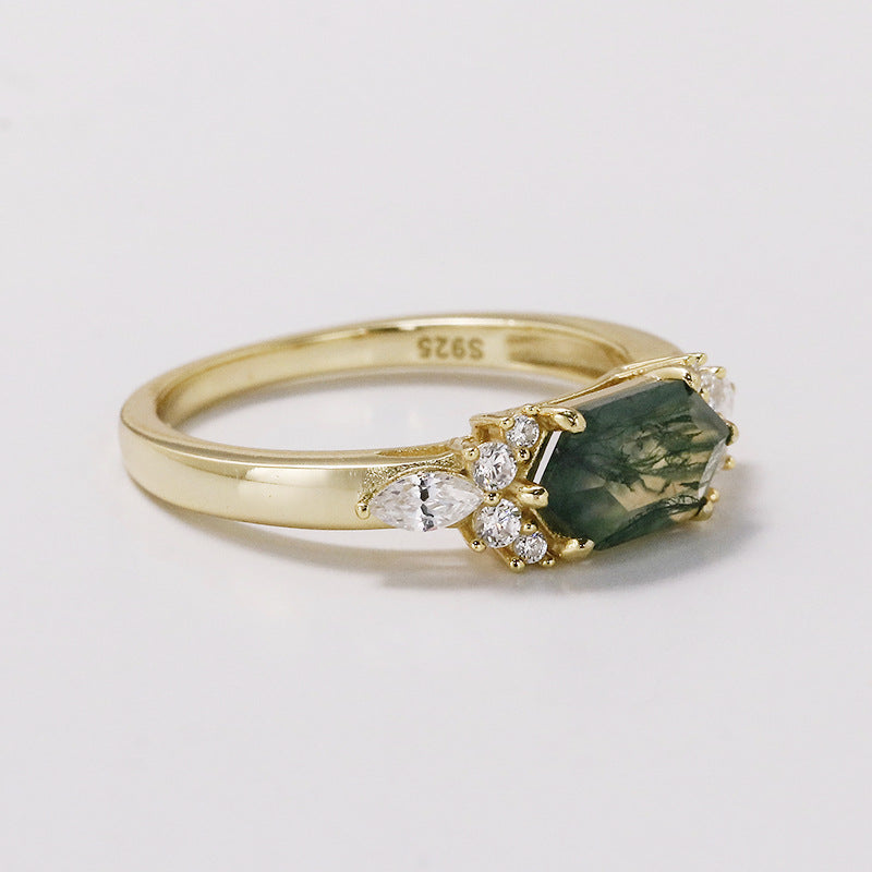 Verdant Hex Moss Agate Ring