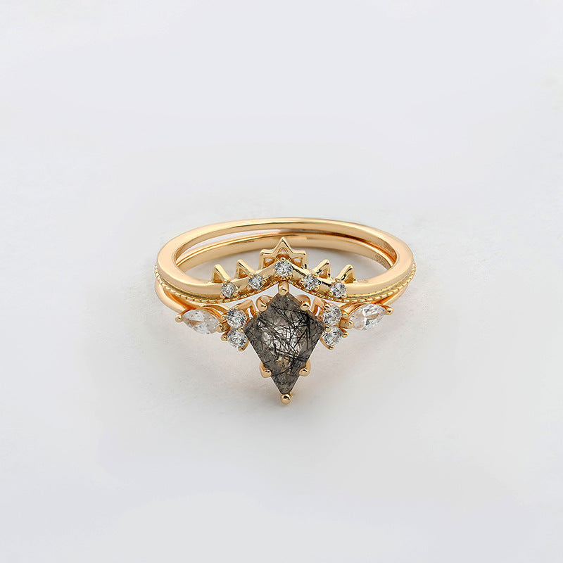Black Rutilated Quartz Crown Ring Set