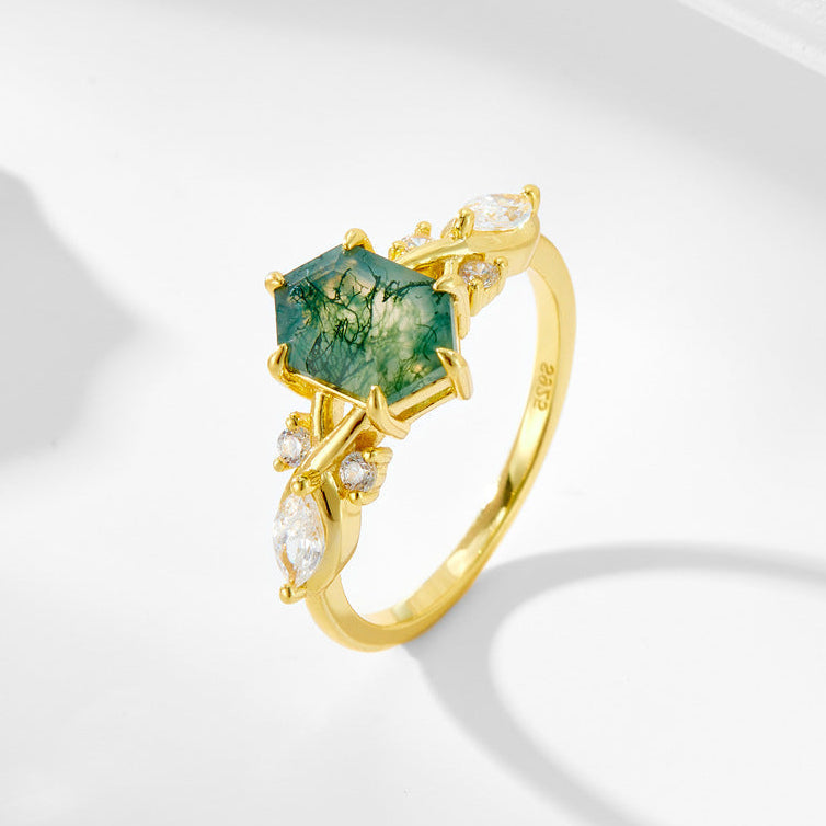 Hexagon Cut Natural Moss Agate Ring