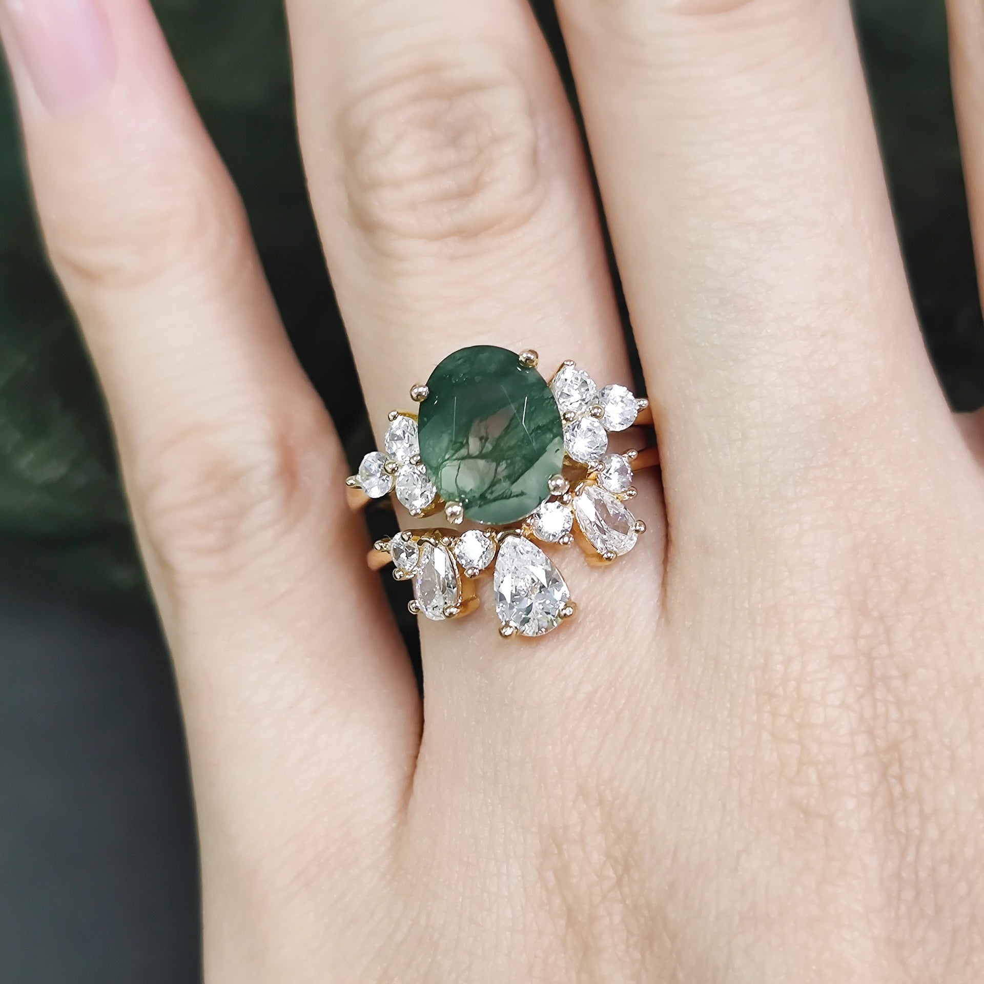 Regal Bloom Moss Agate Ring Set