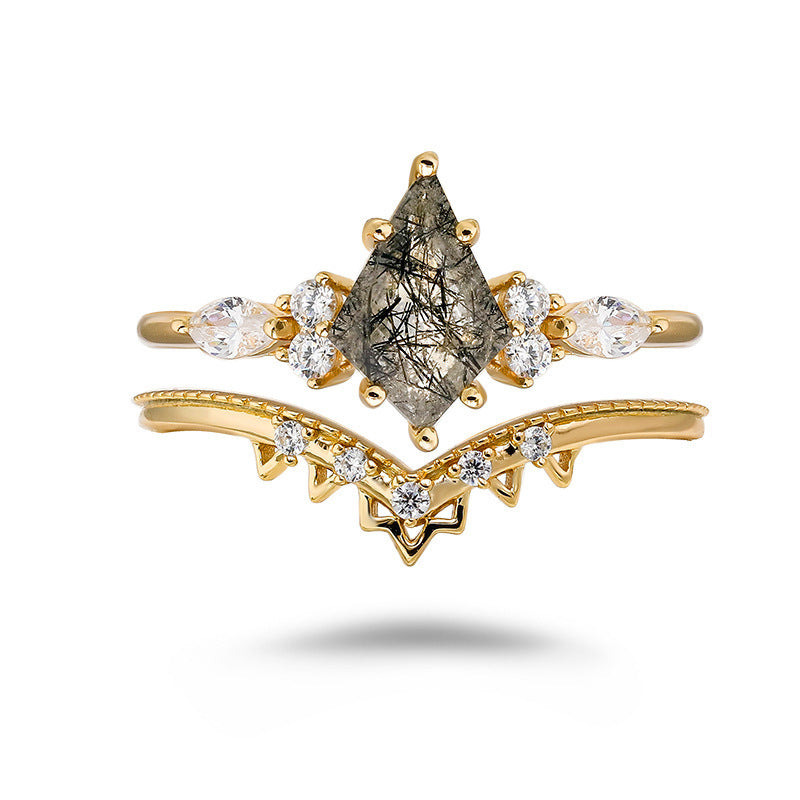 Black Rutilated Quartz Crown Ring Set