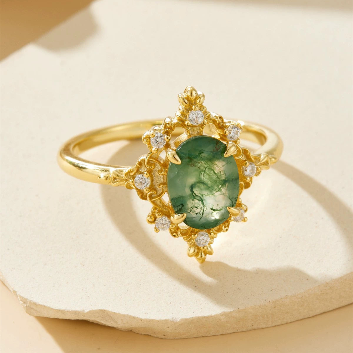 Vintage Oval Cut Moss Agate Crown Ring