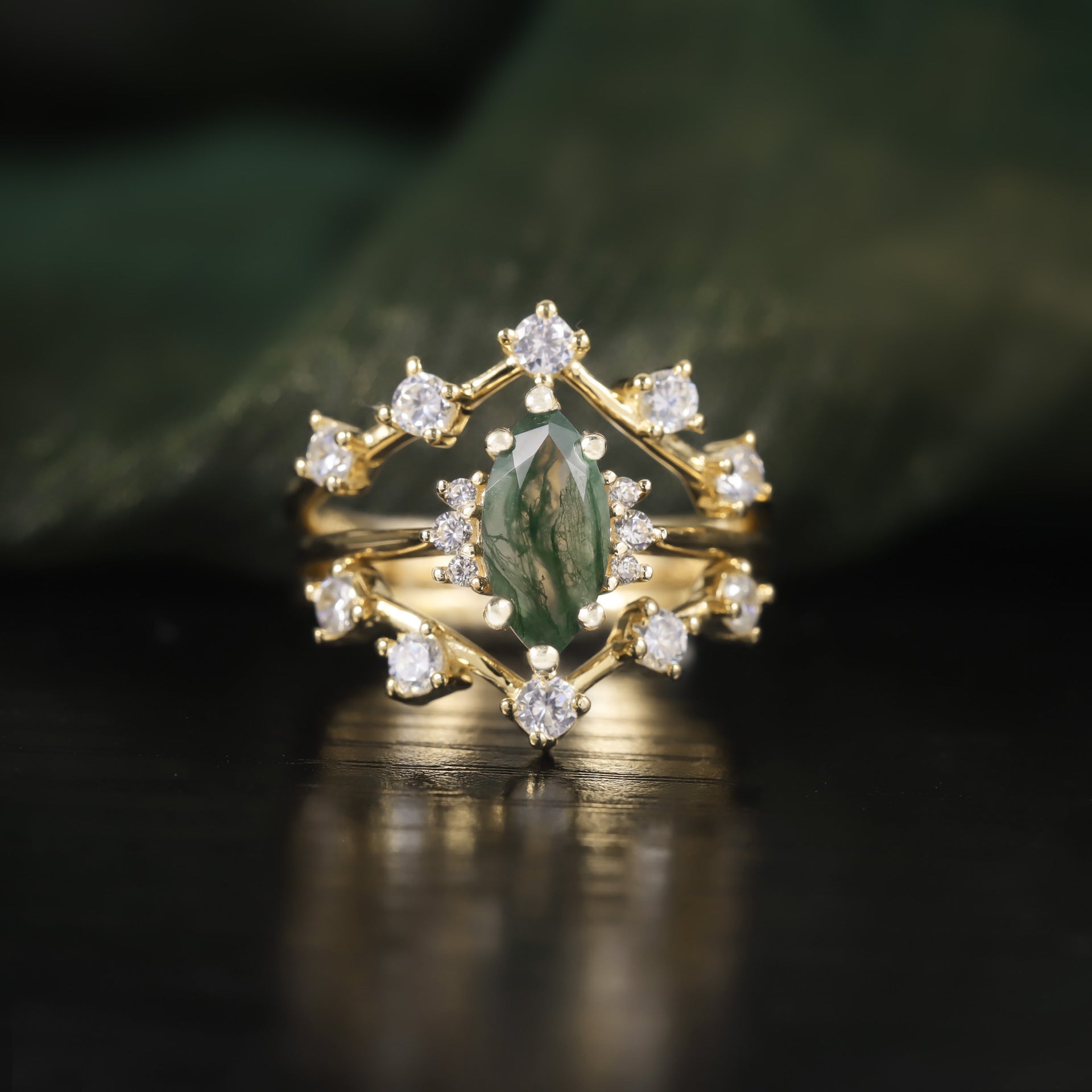 Forest Crown Moss Agate Ring Set