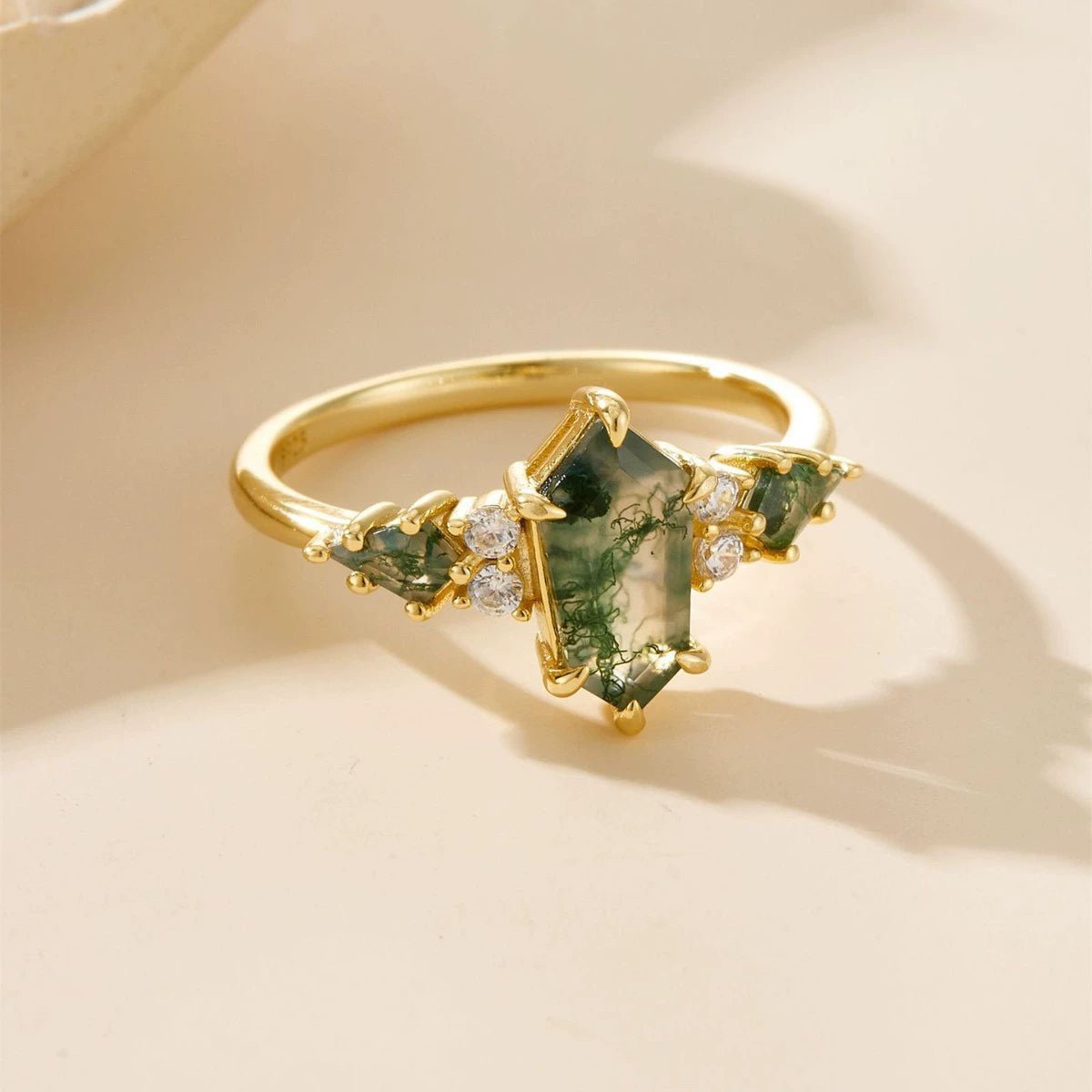 Modern Geometric Natural Moss Agate Stacking Ring Set