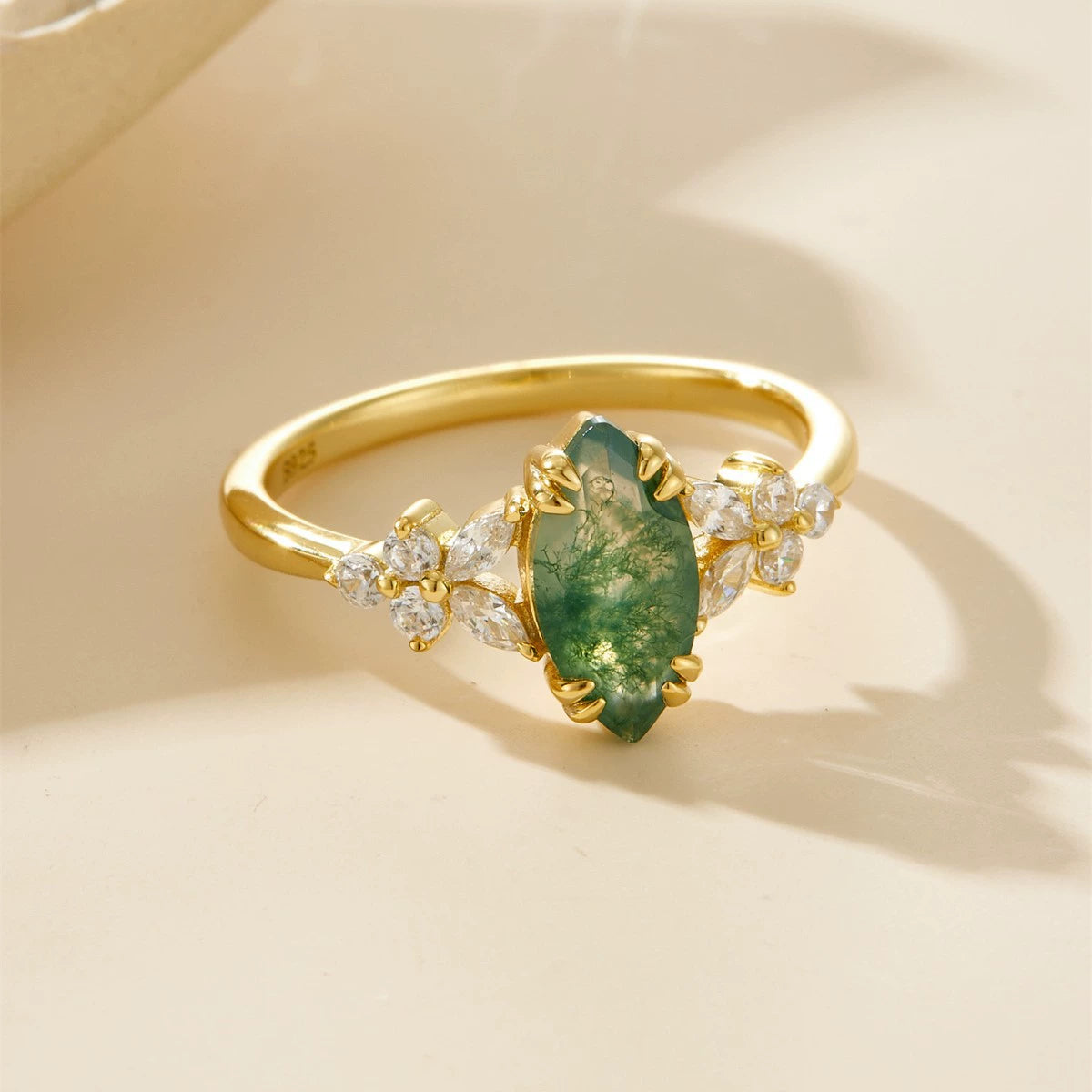 Wreath Marquise Cut Moss Agate Stacking Ring Set