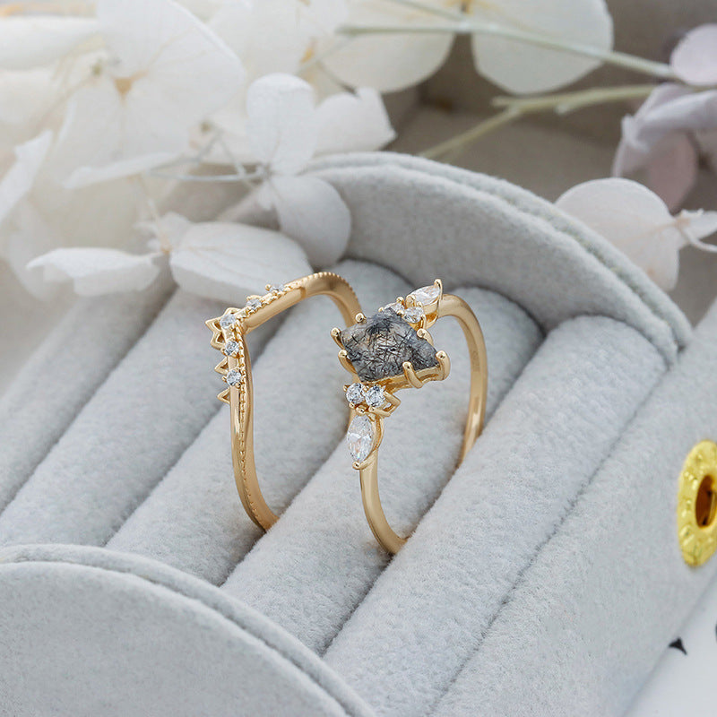 Black Rutilated Quartz Crown Ring Set