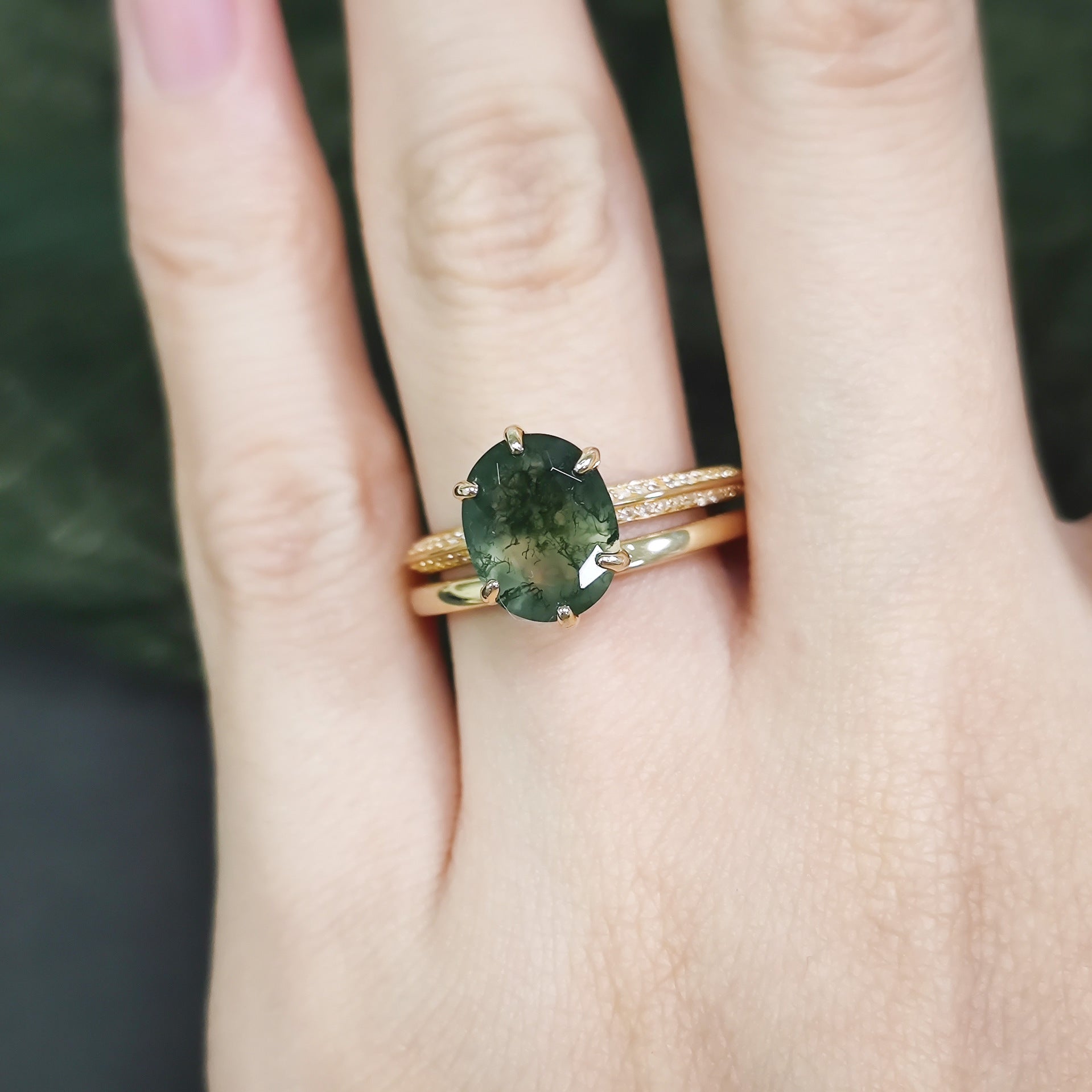Verdant Geometry Moss Agate Ring Set