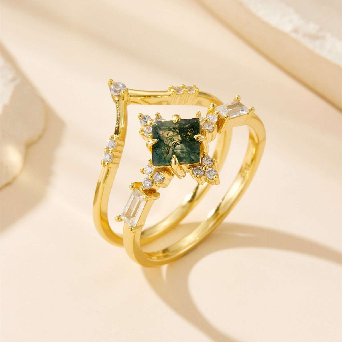 Square Cut Moss Agate Stacking Ring Set