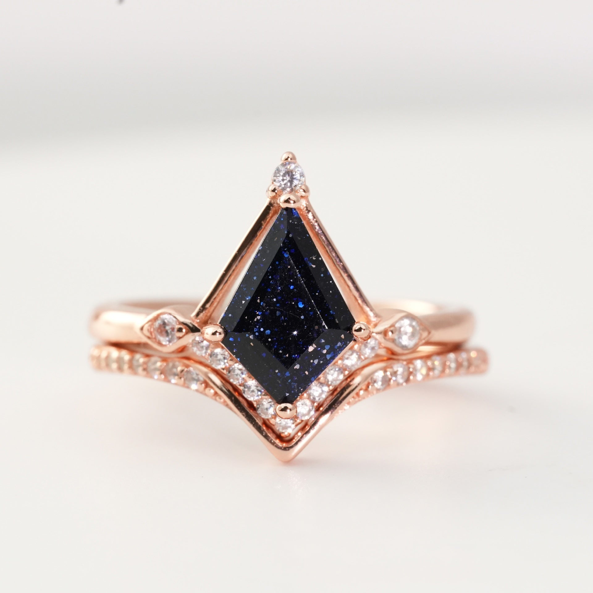 Kite Cut Blue Goldstone Stacking Ring Set