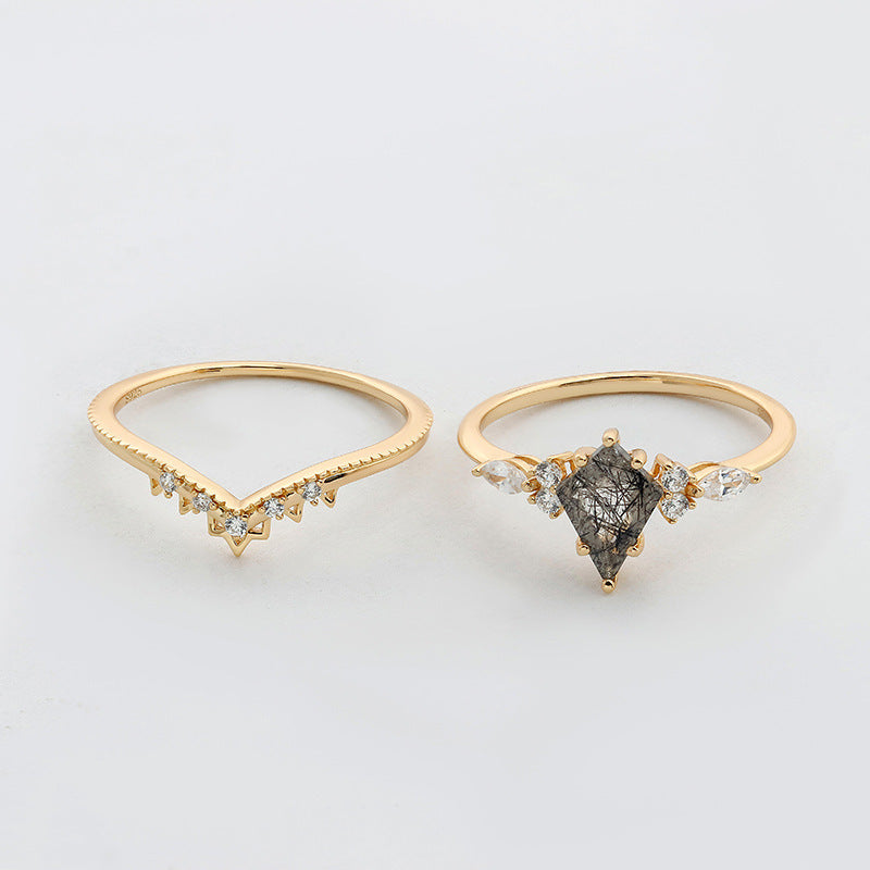 Black Rutilated Quartz Crown Ring Set