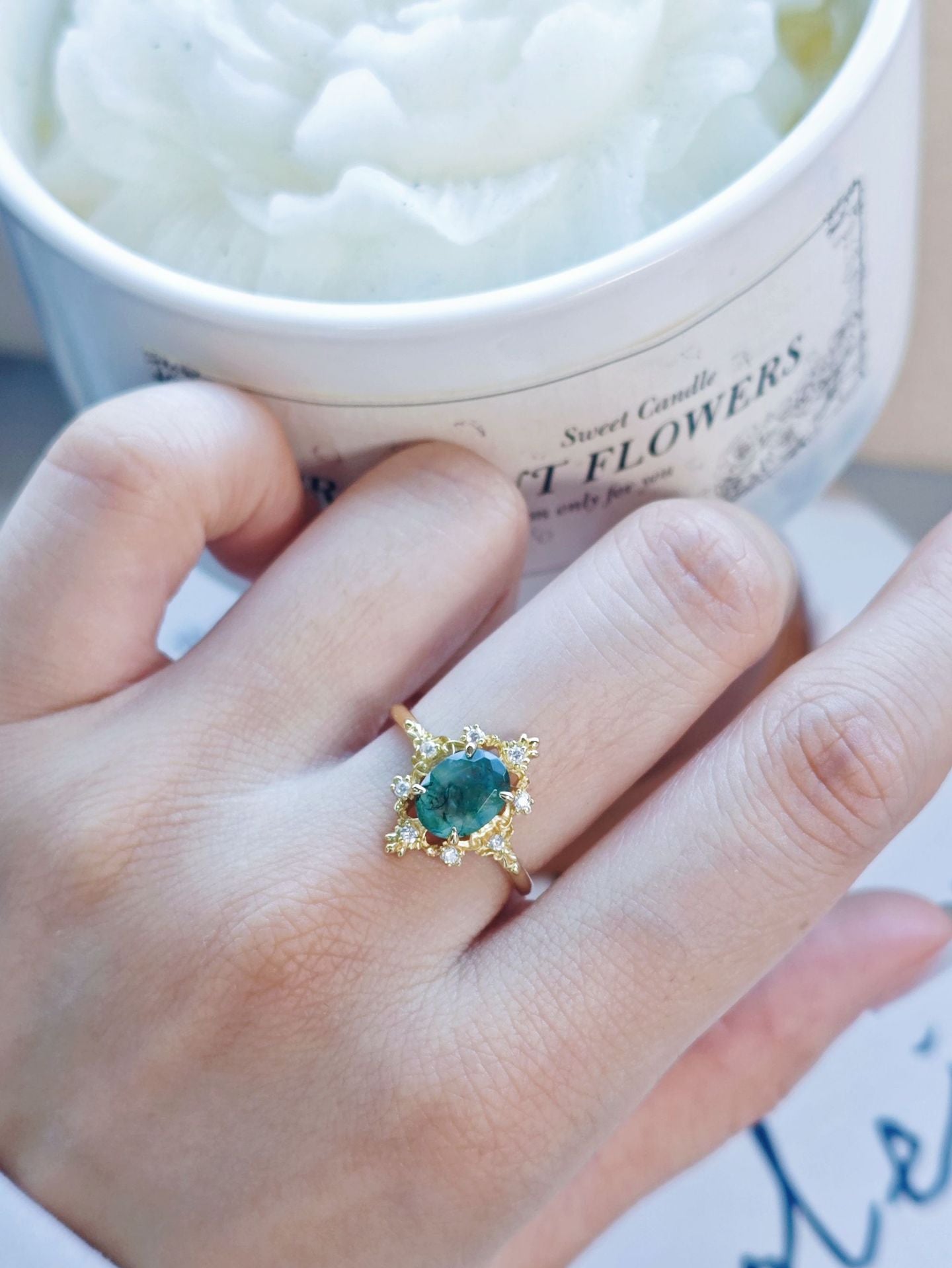 Vintage Oval Cut Moss Agate Crown Ring