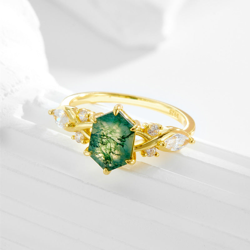 Hexagon Cut Natural Moss Agate Ring