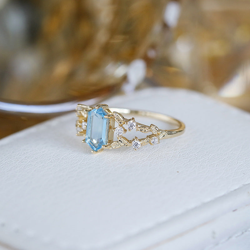 Emerald Cut London Blue Topaz Leaf Ring