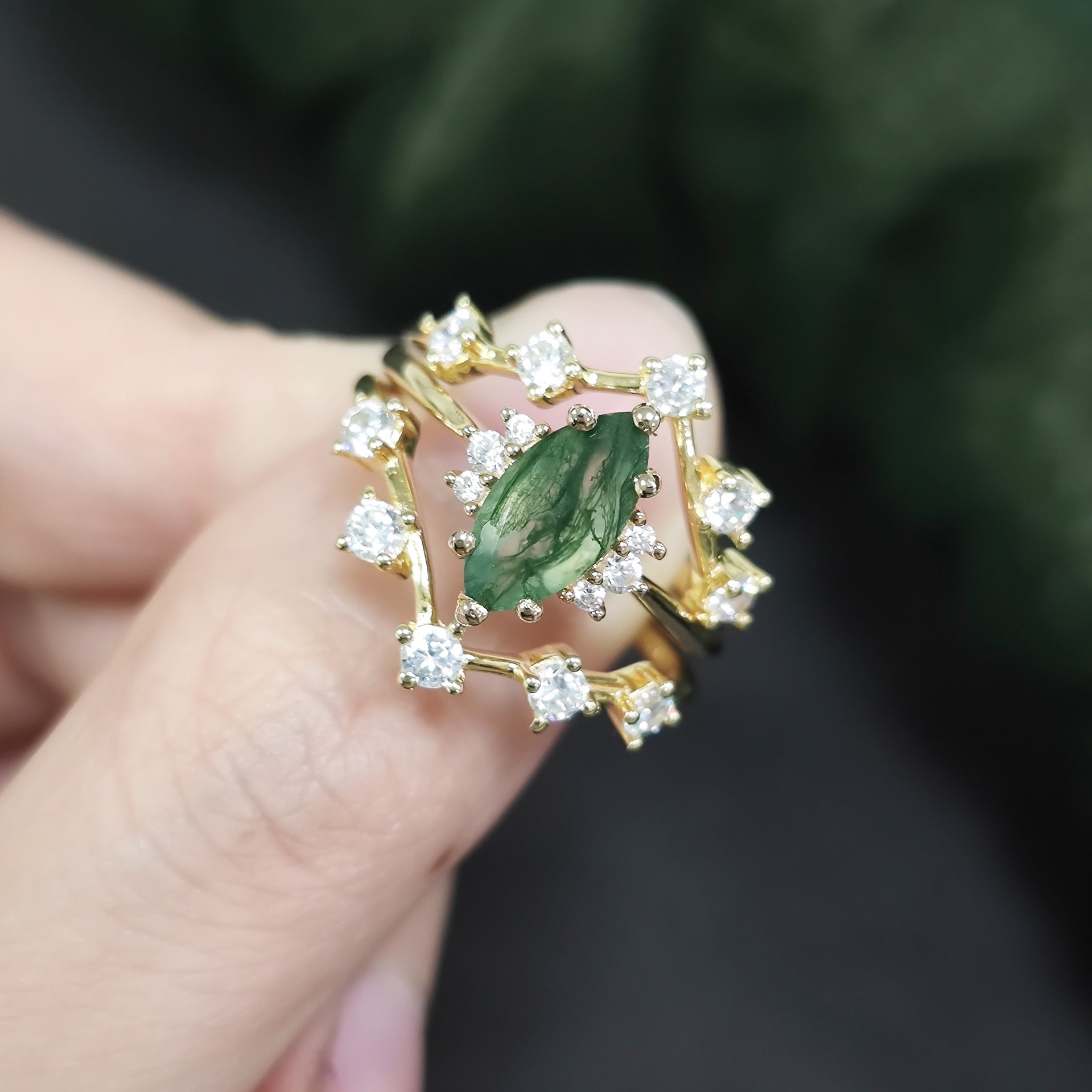 Forest Crown Moss Agate Ring Set