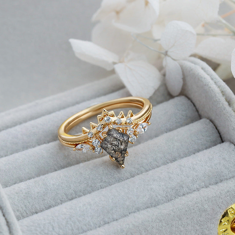 Black Rutilated Quartz Crown Ring Set