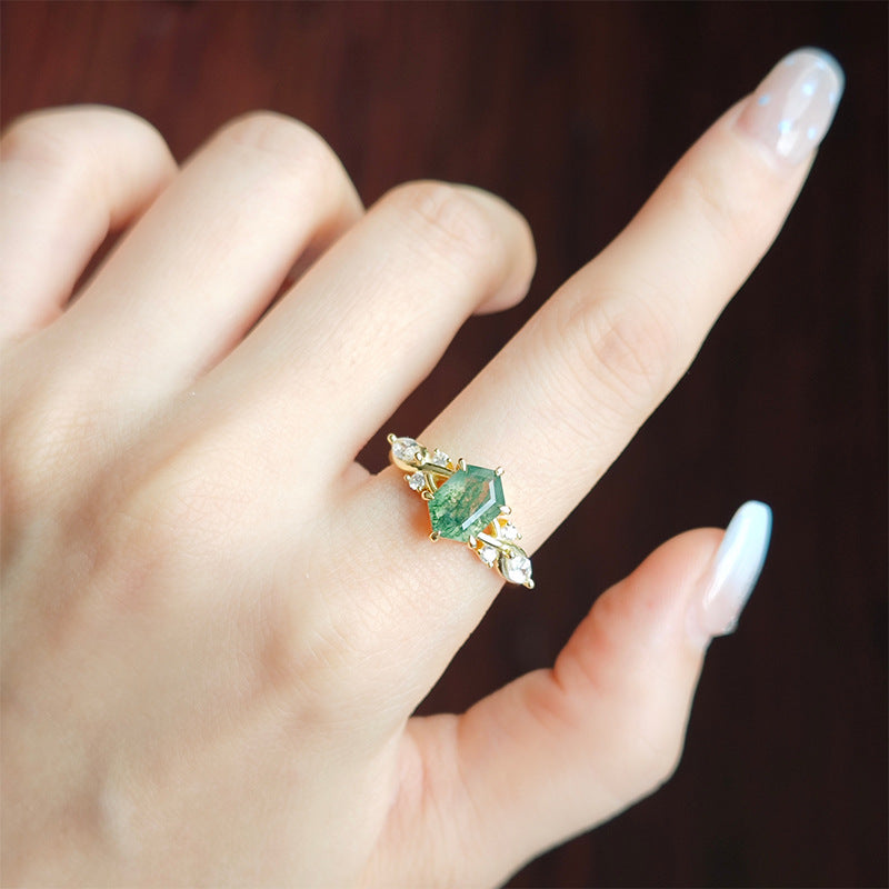 Hexagon Cut Natural Moss Agate Ring