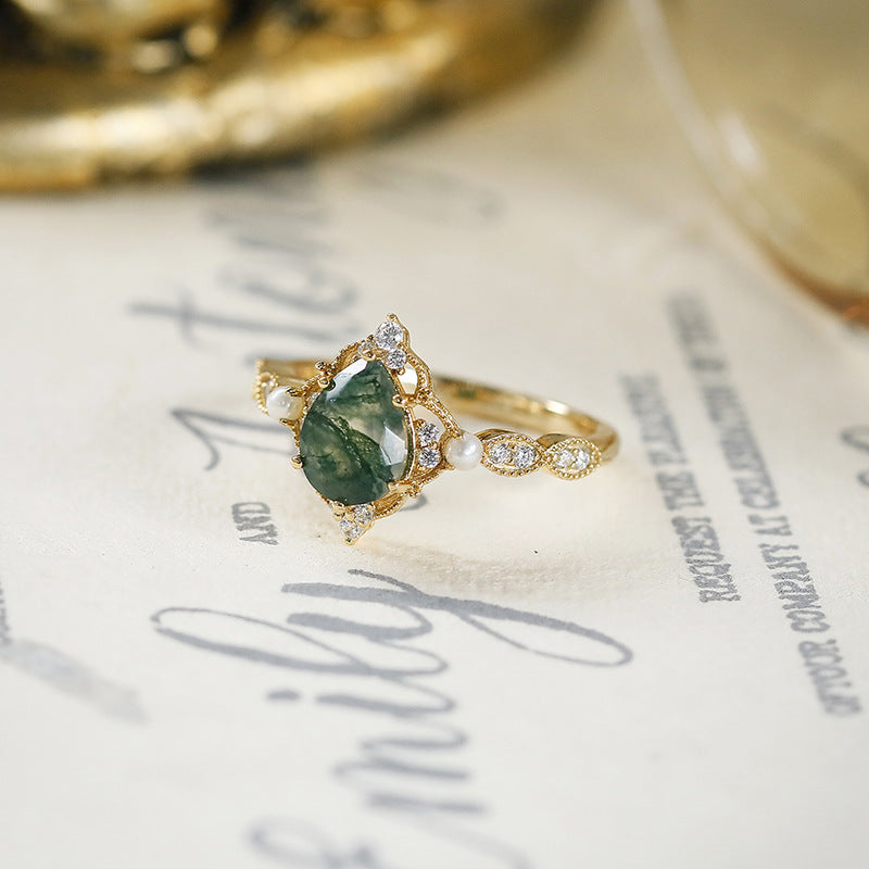 Vintage Pear Cut Moss Agate Pearl Ring
