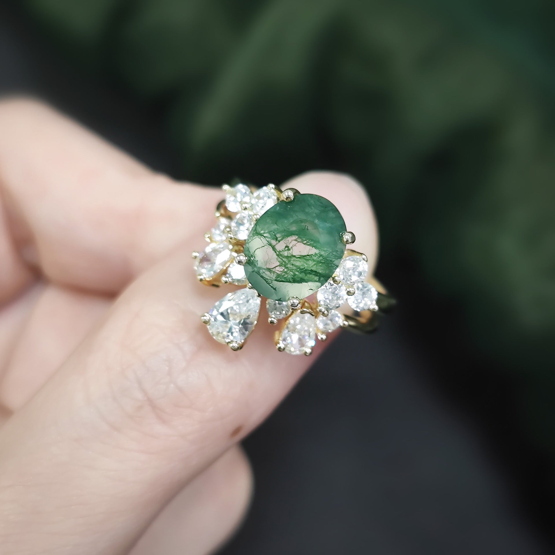 Regal Bloom Moss Agate Ring Set