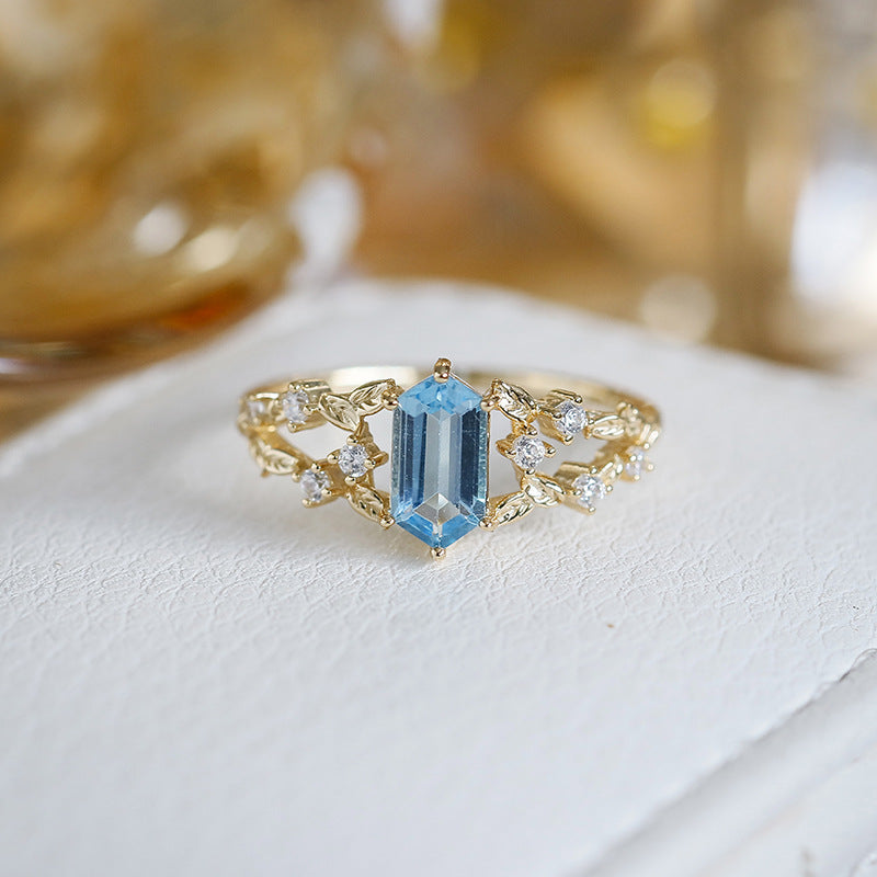 Emerald Cut London Blue Topaz Leaf Ring
