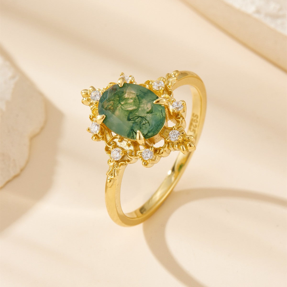 Vintage Oval Cut Moss Agate Crown Ring