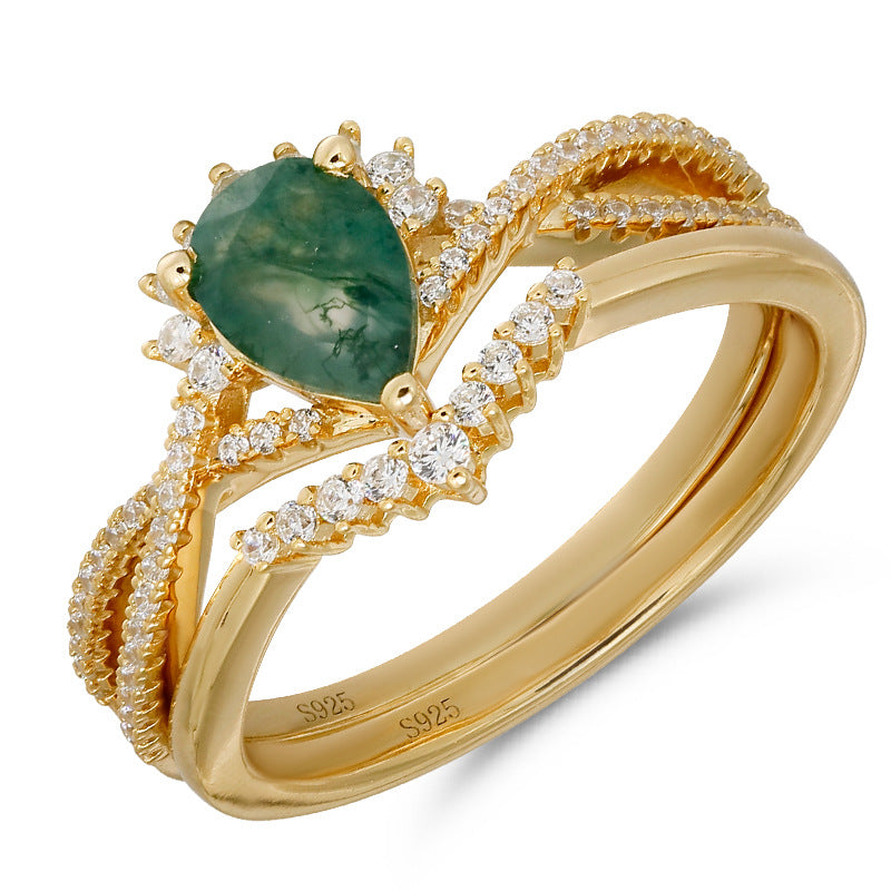 Moss Agate Pear Shape Ring Set