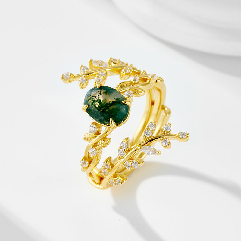 Forest Whisper Oval Cut Moss Agate Stacking Ring Set