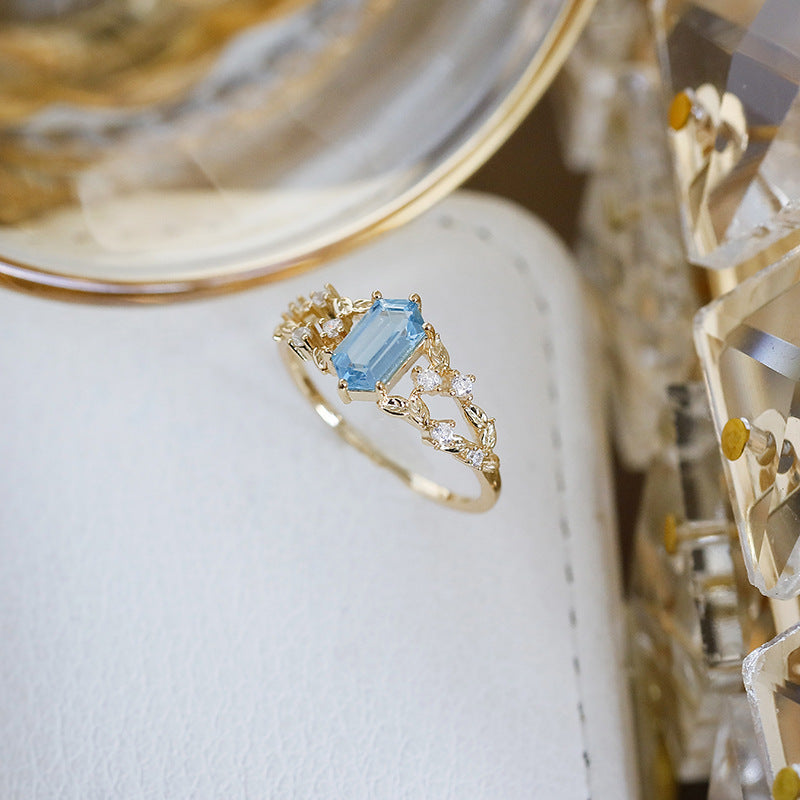 Emerald Cut London Blue Topaz Leaf Ring