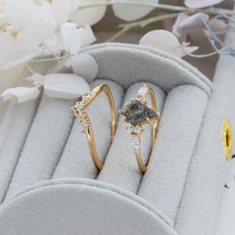 Black Rutilated Quartz Crown Ring Set