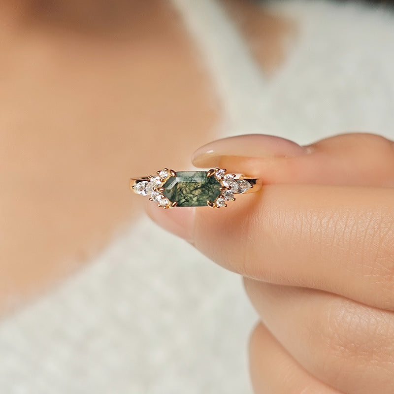 Verdant Hex Moss Agate Ring