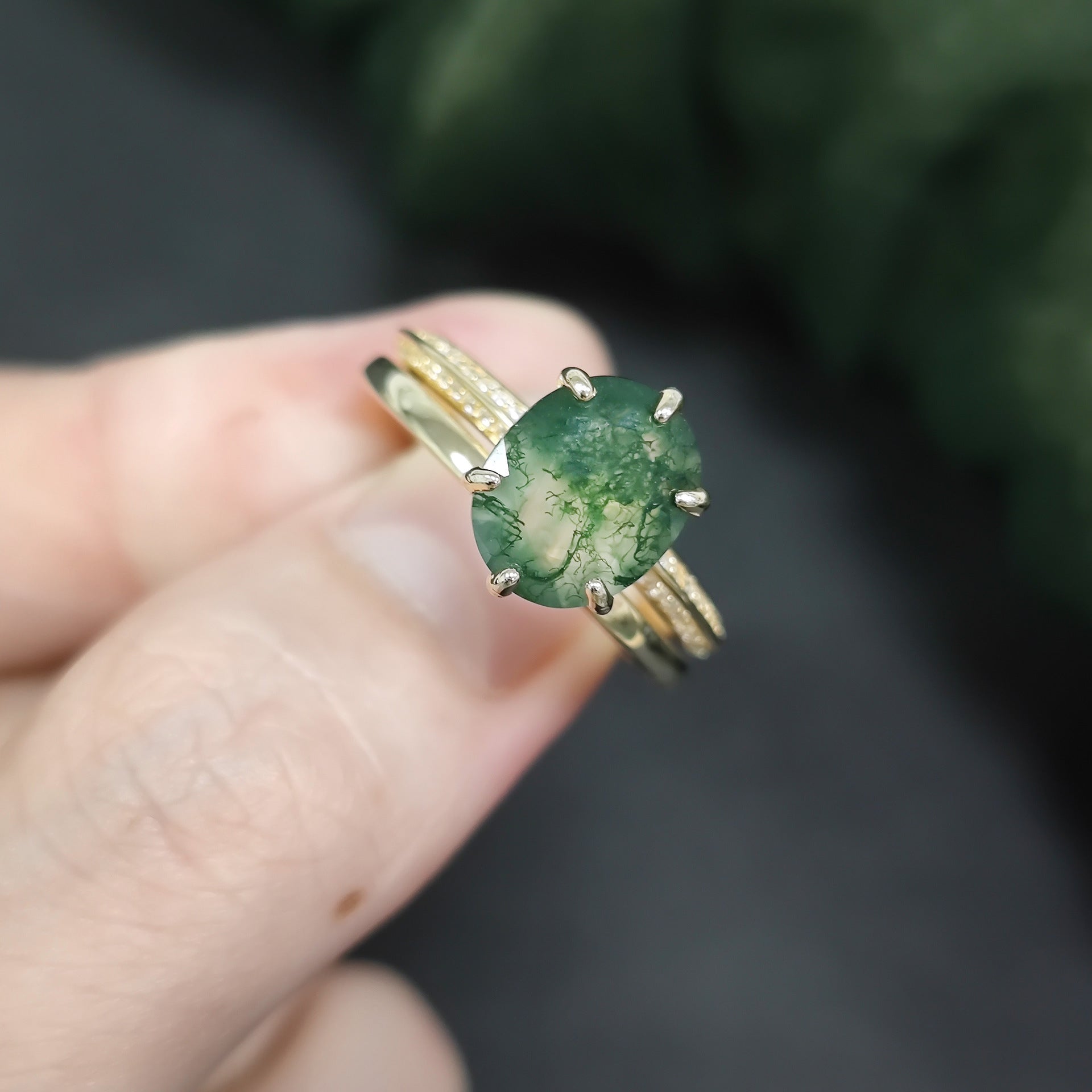 Verdant Geometry Moss Agate Ring Set