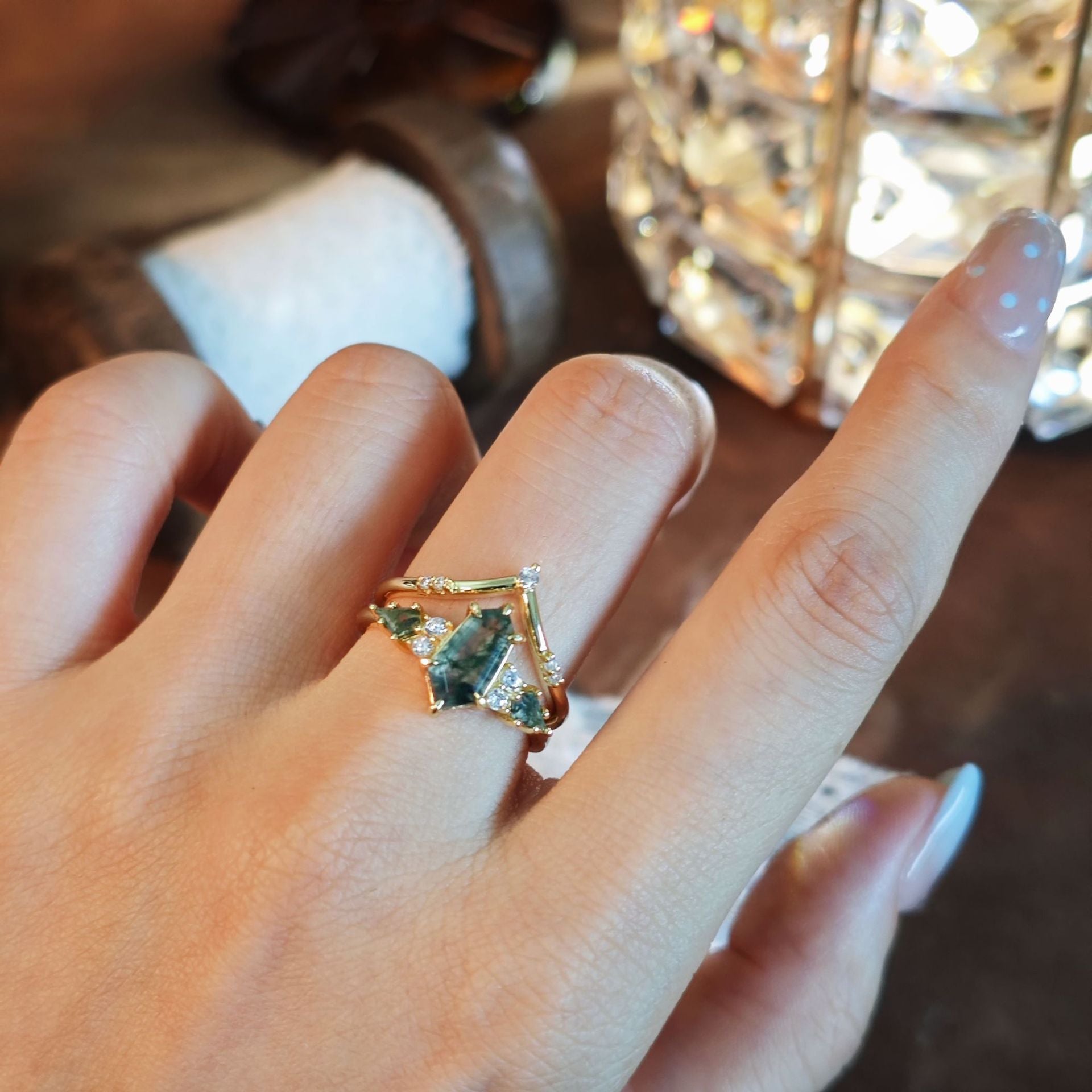 Modern Geometric Natural Moss Agate Stacking Ring Set