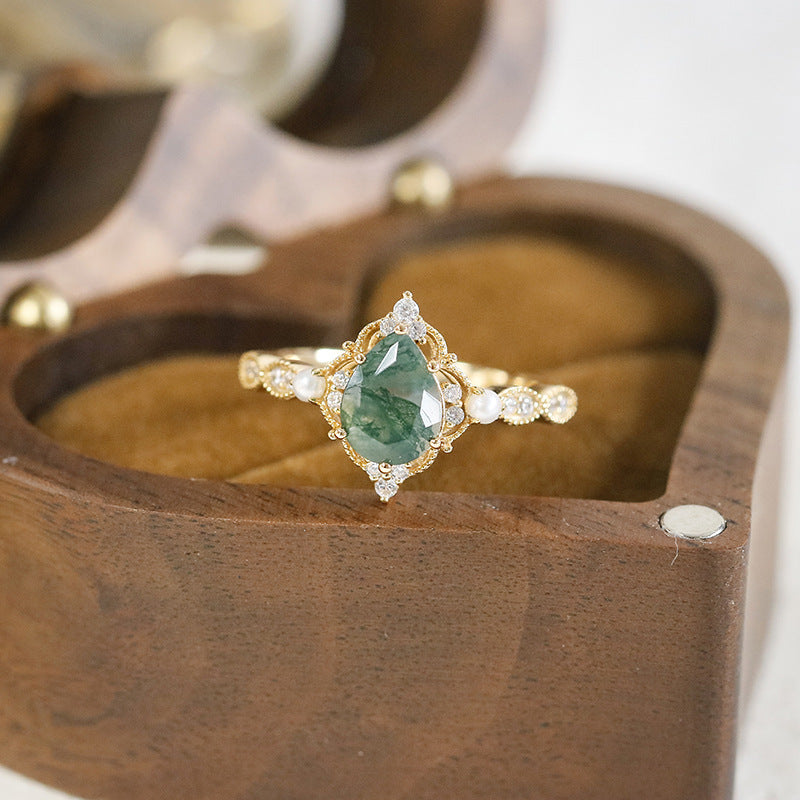 Vintage Pear Cut Moss Agate Pearl Ring