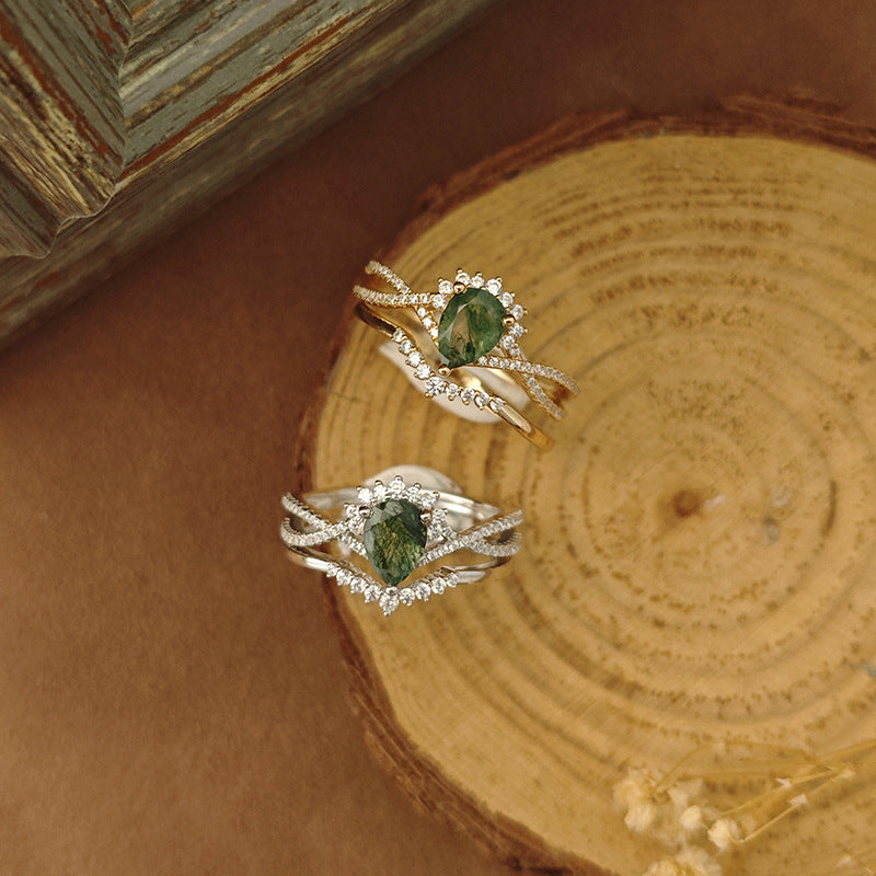 Moss Agate Pear Shape Ring Set