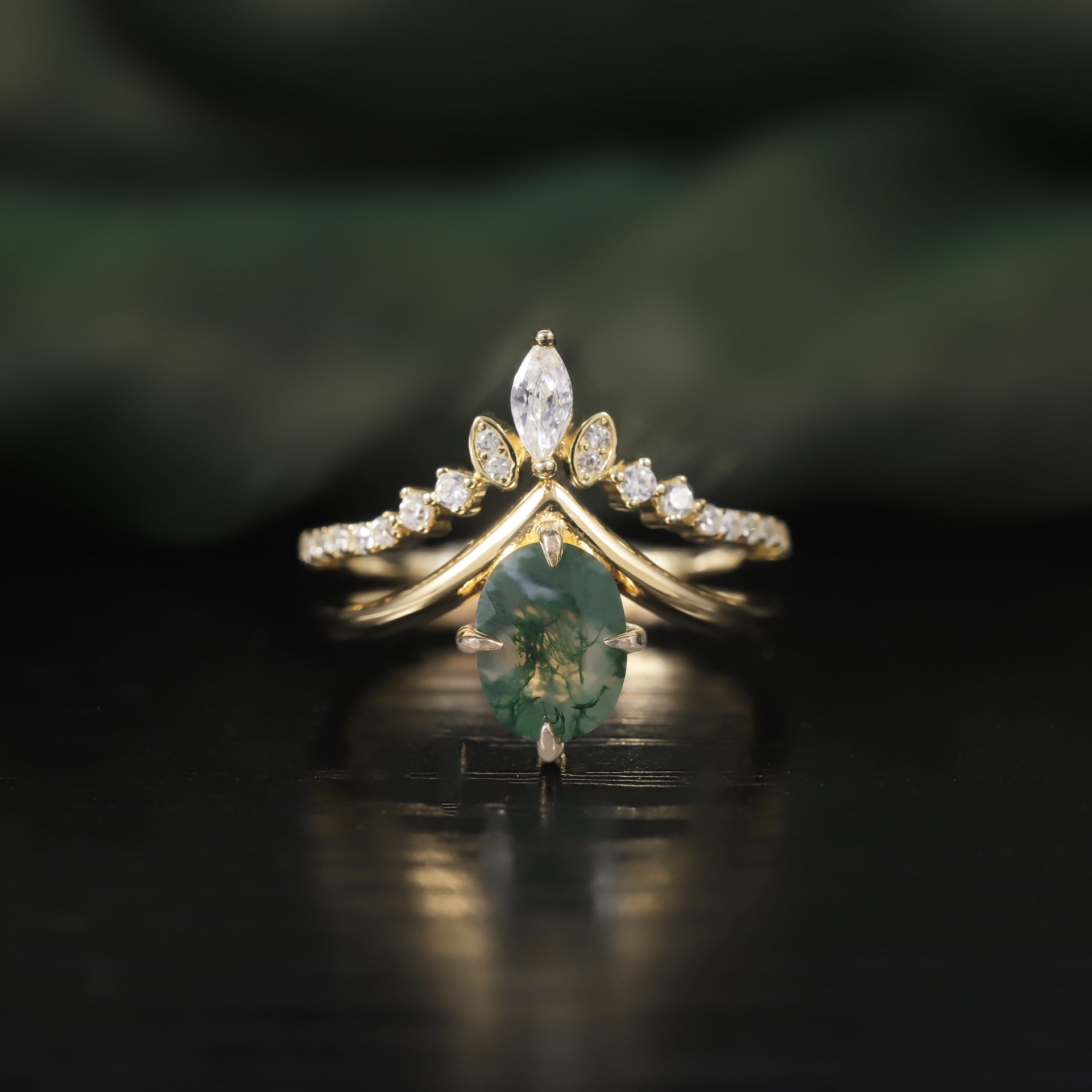 Verdant Crown Moss Agate Ring Set