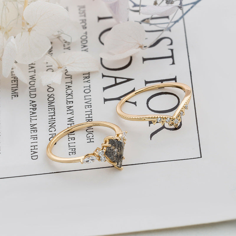 Black Rutilated Quartz Crown Ring Set