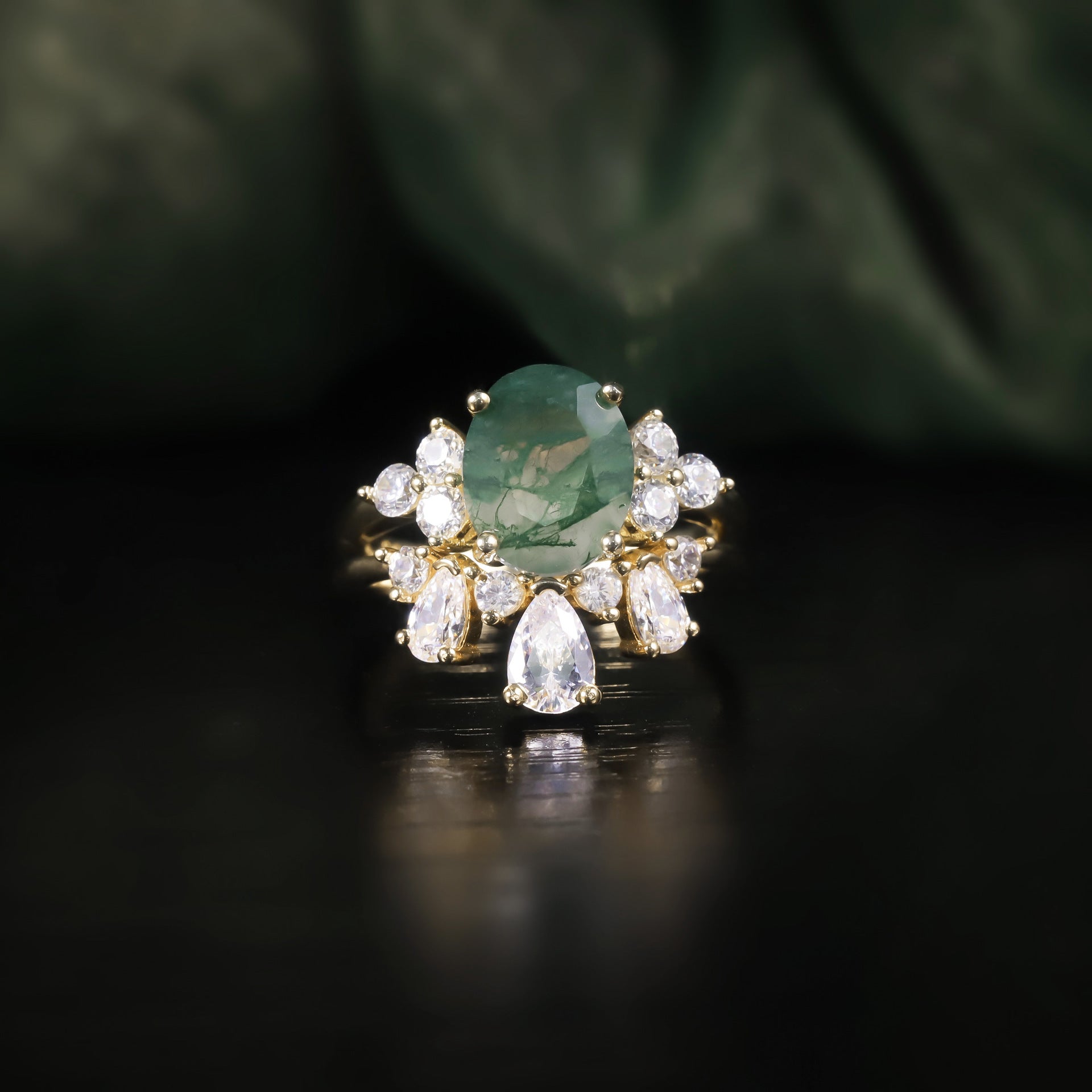 Regal Bloom Moss Agate Ring Set