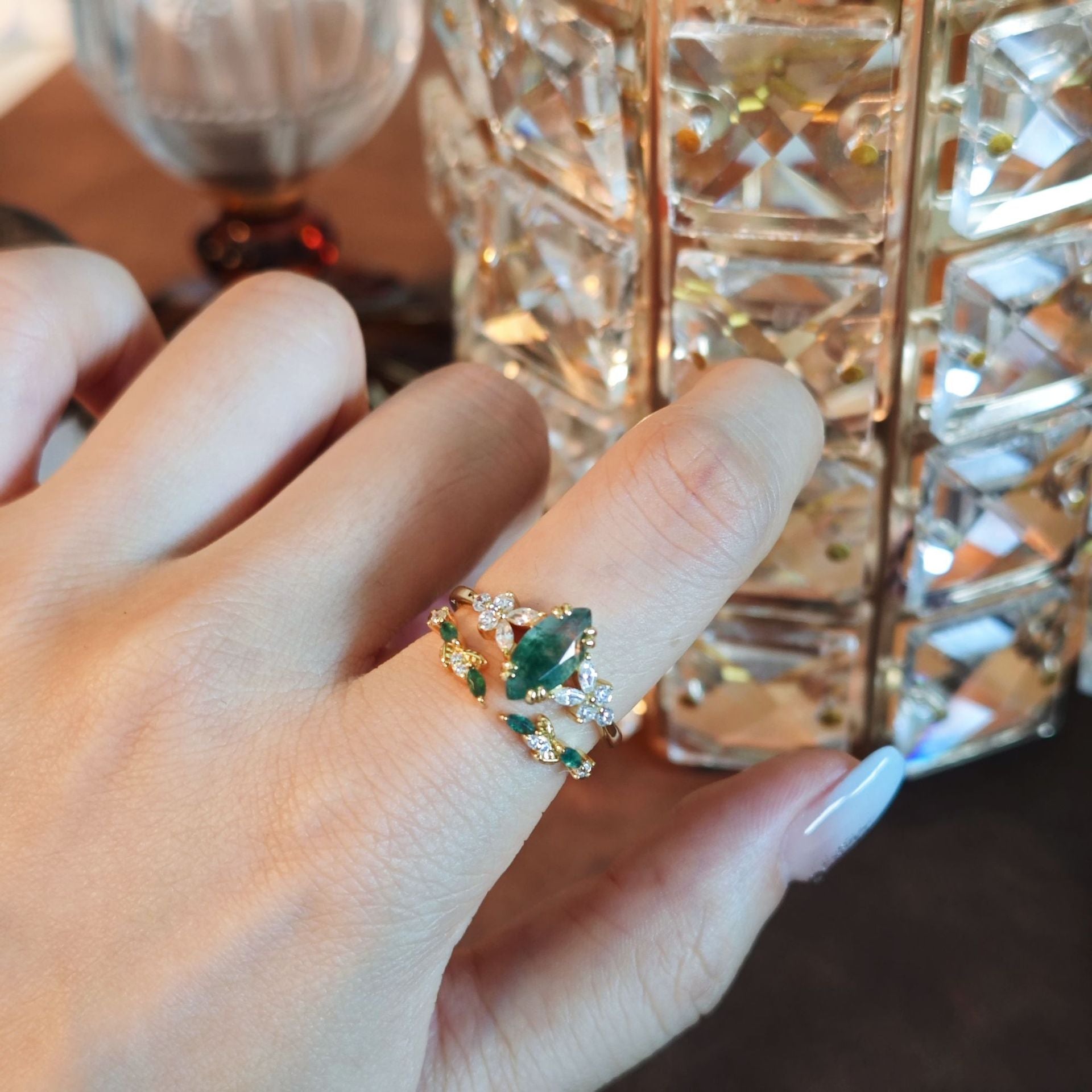 Wreath Marquise Cut Moss Agate Stacking Ring Set