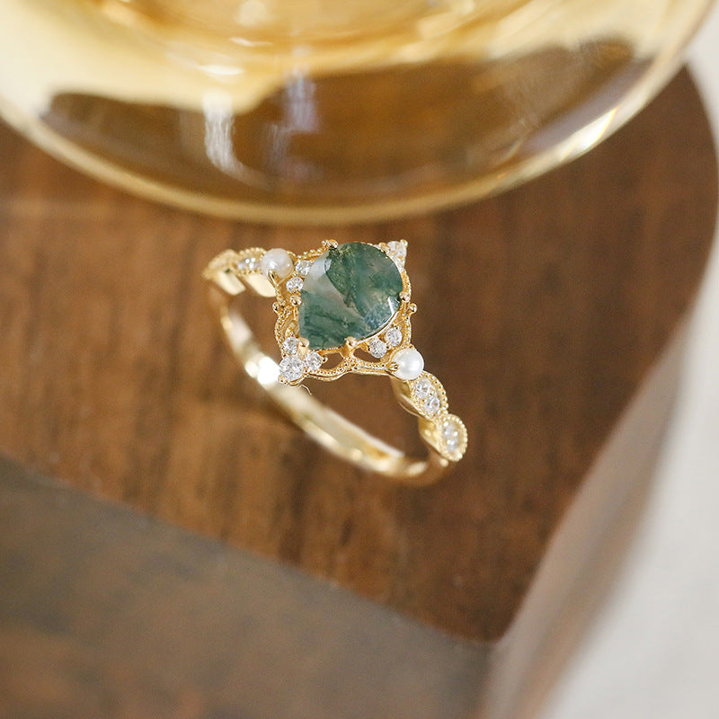 Vintage Pear Cut Moss Agate Pearl Ring