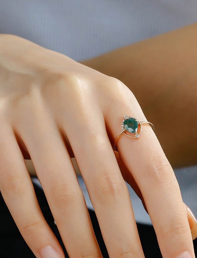 Minimalist Geometric Pear Cut Moss Agate Ring