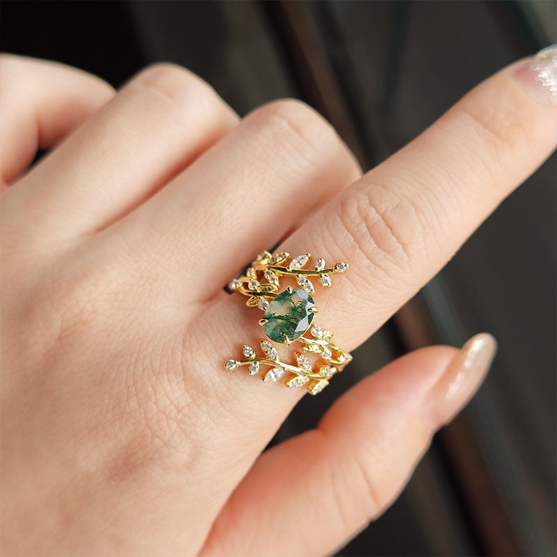 Forest Whisper Oval Cut Moss Agate Stacking Ring Set