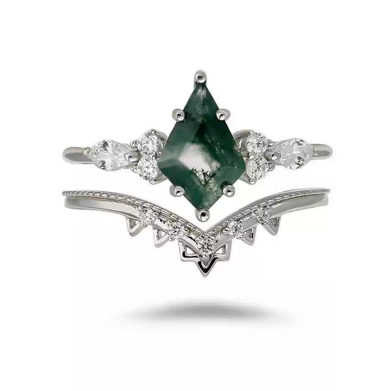 Moss Agate Crown Ring Set