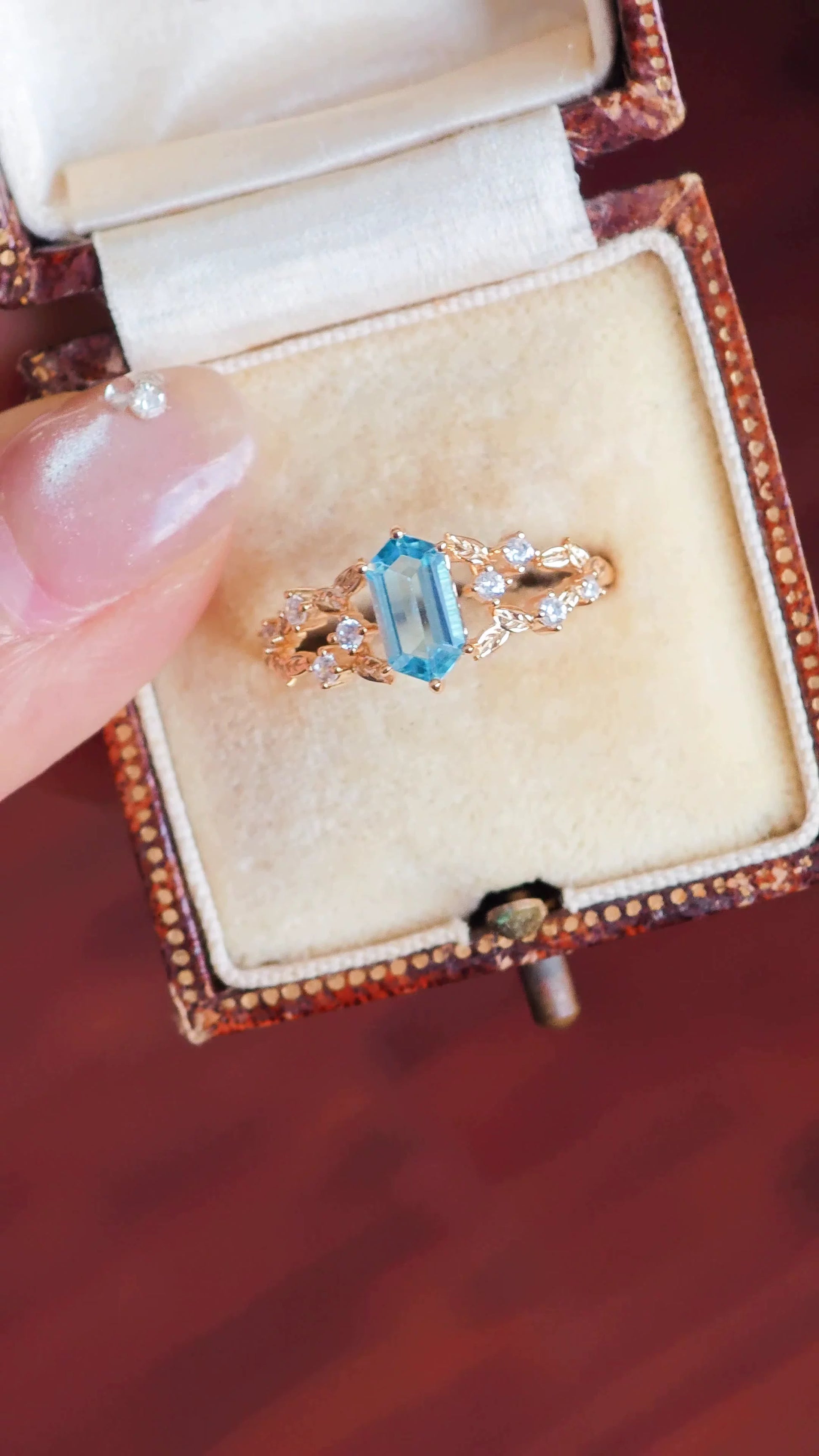 Emerald Cut London Blue Topaz Leaf Ring