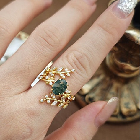 Forest Whisper Oval Cut Moss Agate Stacking Ring Set
