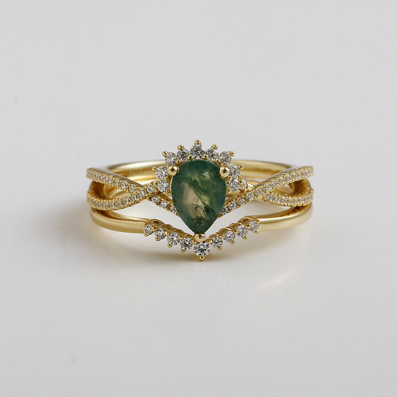 Moss Agate Pear Shape Ring Set