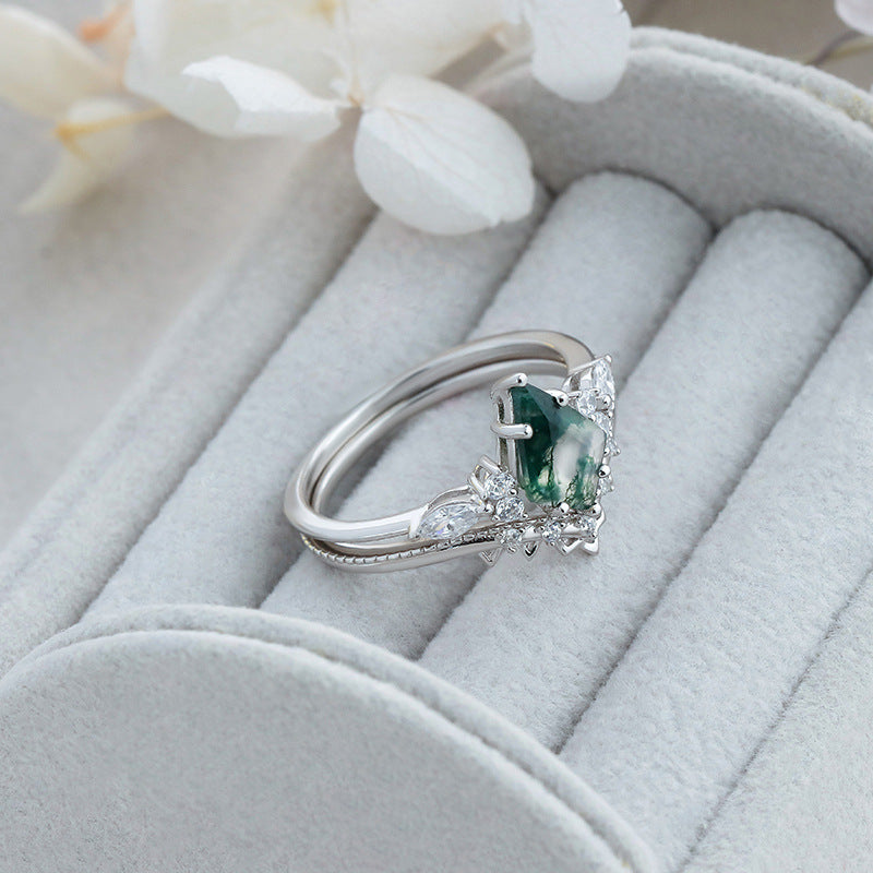 Moss Agate Crown Ring Set