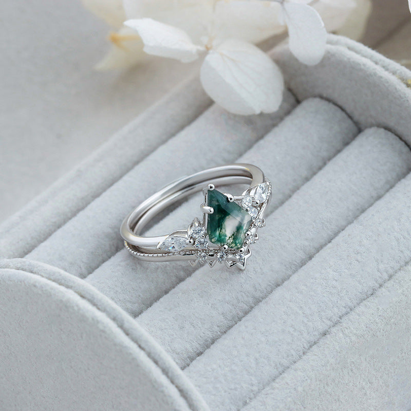 Moss Agate Crown Ring Set